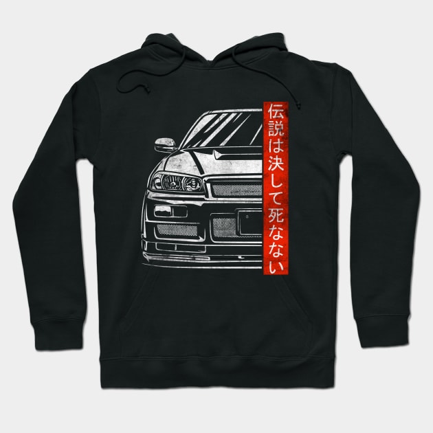 R34 GTR Skyline JDM Legends Never Die Tuning Car Hoodie by Automotive Apparel & Accessoires